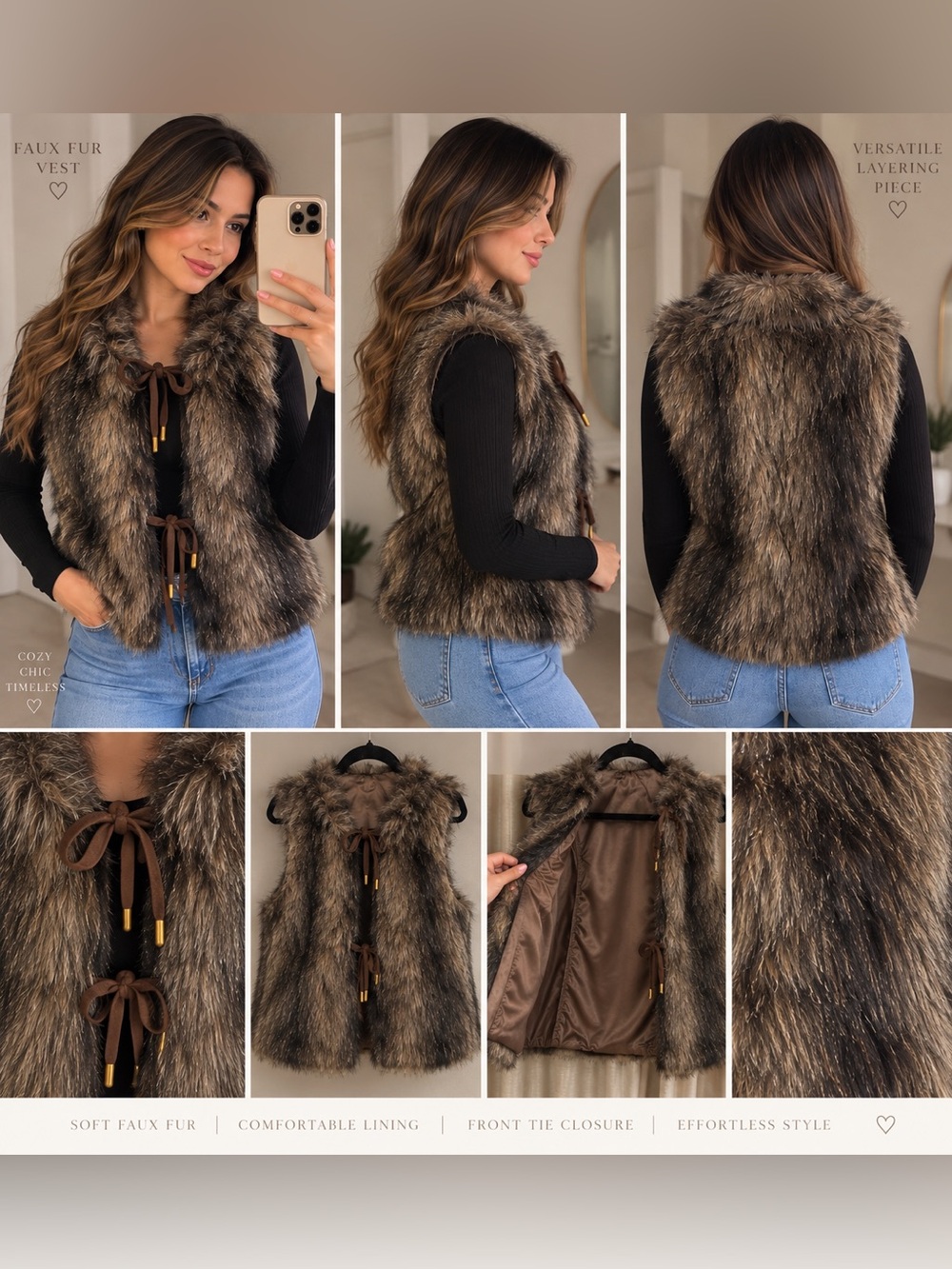 Faux Fur Vest with Tie Front - Brown Mix